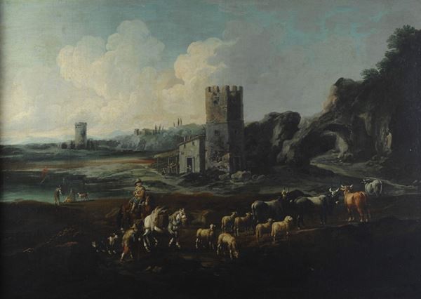 Scuola Romana, XVII sec. - Paesaggio con rudere, contadini ed armenti
