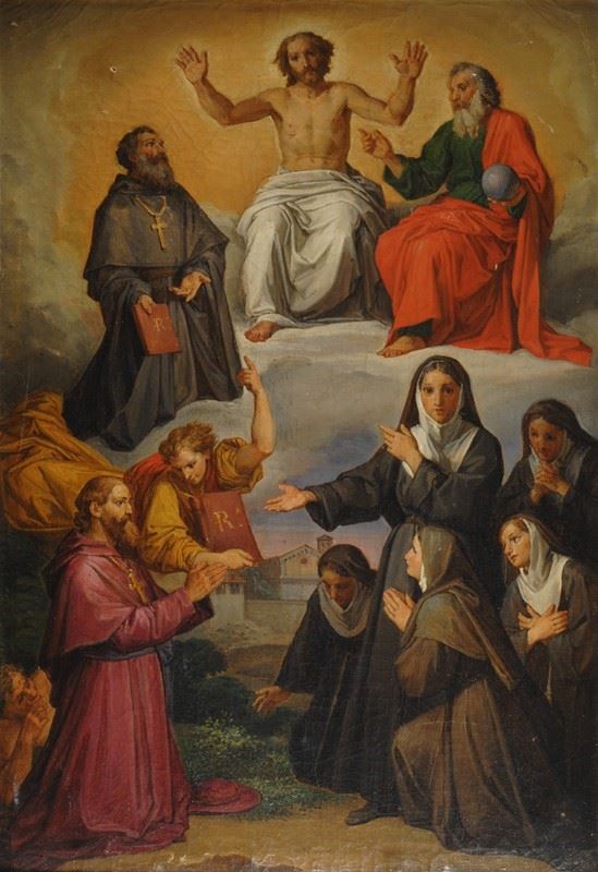 Scuola Emiliana, fine XVII sec. : Adorazione di Cristo  - Olio su tela - Asta ANTIQUARIATO  [..]