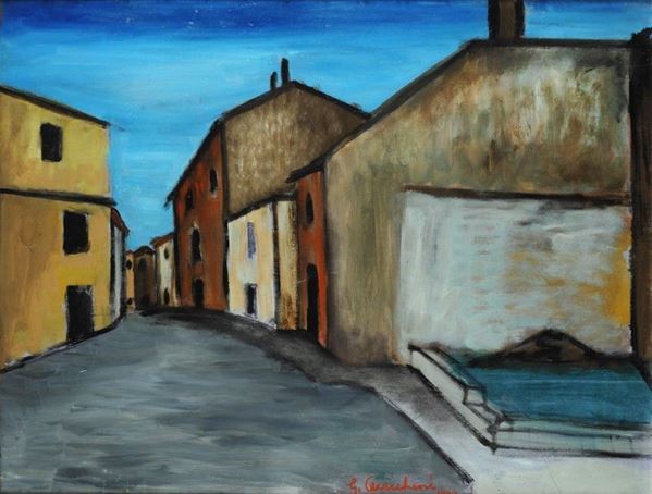 Gisberto Ceracchini : Periferia di Petrignano  (1970)  - Olio su compensato - Asta Arte moderna e contemporanea - III - Galleria Pananti Casa d'Aste
