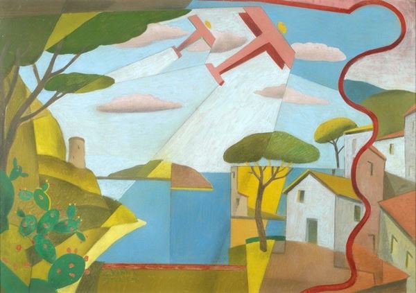 Giulio D'Anna : Paesaggio simultaneo+Aerei Caproni  (1927-28)  - Tempera su carta - Asta Arte moderna e contemporanea - III - Galleria Pananti Casa d'Aste
