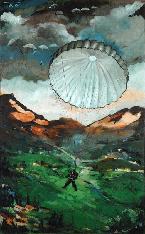 (Guglielmo Sansoni) Tato : Paracadutisti  (Anni '40)  - Olio su tela - Asta Arte moderna e contemporanea - III - Galleria Pananti Casa d'Aste
