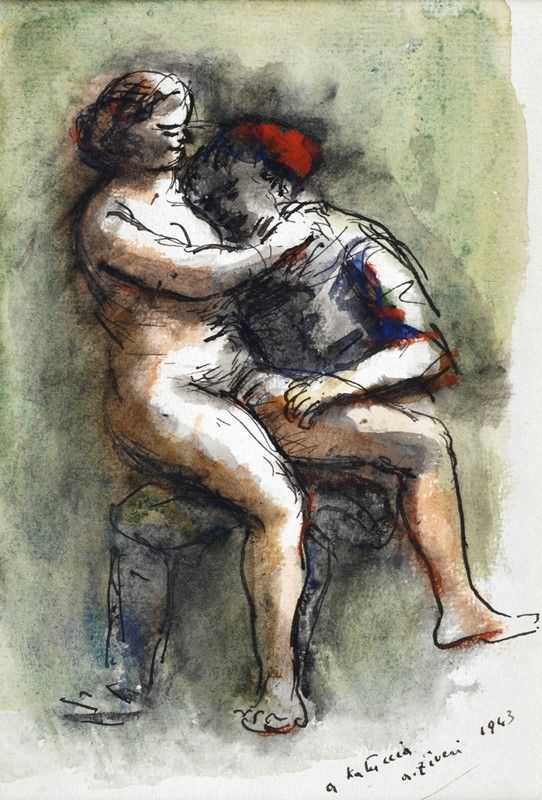 Alberto Ziveri : Gli amanti   (1943)  - Tecnica mista su carta - Auction STORART - ARTE MODERNA E CONTEMPORANEA - IV - Galleria Pananti Casa d'Aste