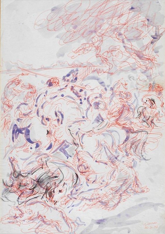 Aligi Sassu : Battaglia  (1987)  - Tecnica mista su carta - Asta Arte moderna e contemporanea - III - Galleria Pananti Casa d'Aste