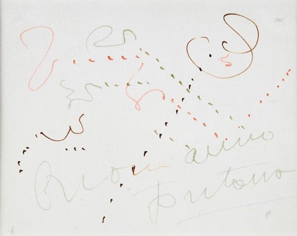 Lucio Fontana : Buon anno   (1956)  - Inchiostro nero, rosso e verde su cartoncino - Asta Arte moderna e contemporanea - III - Galleria Pananti Casa d'Aste