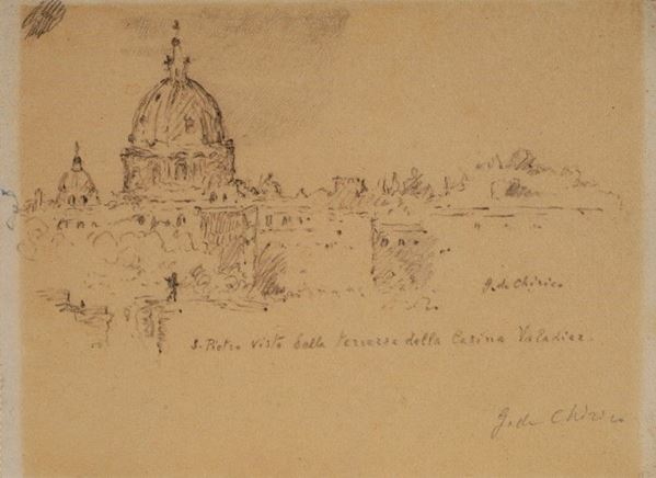 Giorgio de Chirico : San Pietro, vista dalla terrazza della Cantina Valadier  (Anni '40)  - Matita su carta incollata su cartoncino - Auction Arte moderna e contemporanea - III - Galleria Pananti Casa d'Aste