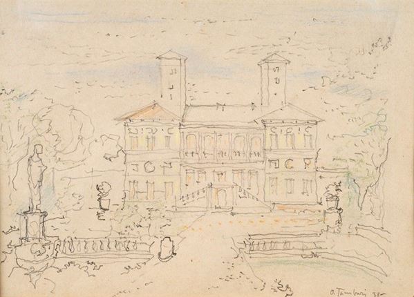 Orfeo Tamburi : Villa  (1938)  - Matita e matite colorate su carta - Asta Arte moderna e contemporanea - III - Galleria Pananti Casa d'Aste