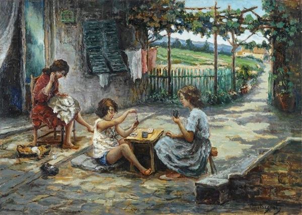 Alessandro Monsagrati : In cortile  - Olio su legno - Asta AUTORI DEL XIX E XX SEC - Galleria Pananti Casa d'Aste