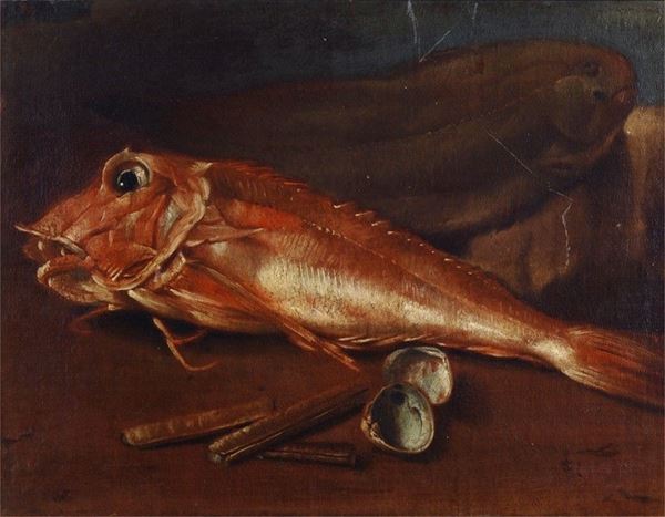Anonimo, XVIII sec. : Natura morta con pesce  - Olio su tela - Asta Antiquariato e Arte orientale - I - Galleria Pananti Casa d'Aste