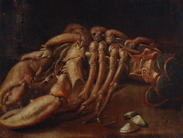 Anonimo, XVIII sec. : Natura morta con crostacei   - Olio su tela - Asta Antiquariato e Arte orientale - I - Galleria Pananti Casa d'Aste