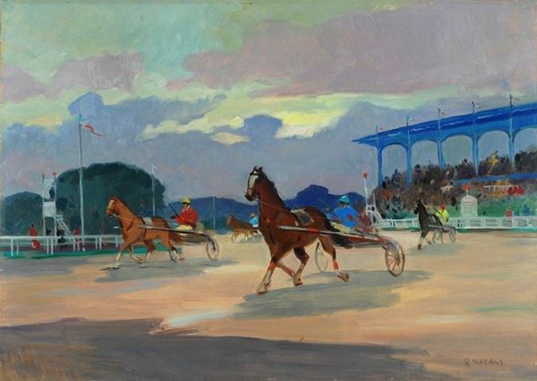 Renato Natali : Corse al trotto  - Olio su legno - Auction Autori del XIX e XX sec. - II - Galleria Pananti Casa d'Aste