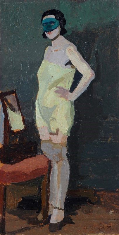 Llewelyn Lloyd : Donna con maschera  (1929)  - Olio su cartone - Asta Autori del XIX e XX sec. - II - Galleria Pananti Casa d'Aste