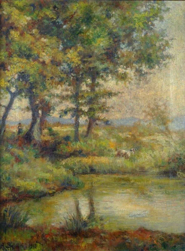 Antonio Salvetti : Paesaggio lacustre  (1915)  - Olio su tela - Asta Autori del XIX e XX sec. - II - Galleria Pananti Casa d'Aste