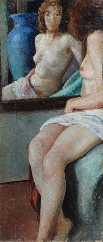 Anonimo, XX sec. : Nudo di donna allo specchio  - Olio su tela riportata su cartone - Auction ASTA FUORI ASTA - Galleria Pananti Casa d'Aste