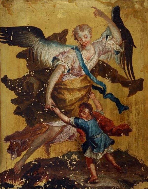 Anonimo, XVIII sec. : L'angelo custode  - Olio su rame a fondo dorato - Asta Antiquariato e Arte orientale - I - Galleria Pananti Casa d'Aste