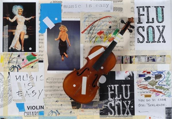 Giuseppe Chiari : Music is easy  - Collage di carta e violino su tavola - Asta Arte moderna e contemporanea - III - Galleria Pananti Casa d'Aste