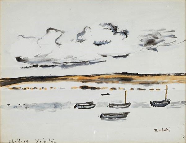 Orfeo Tamburi : Barche e nuvole all' Ile de Sein  (1960)  - Tempera su carta - Auction Arte moderna e contemporanea - III - Galleria Pananti Casa d'Aste