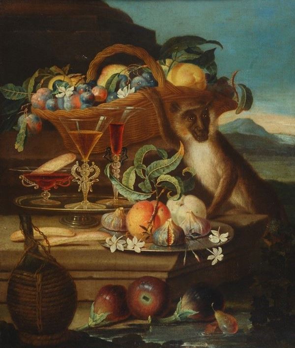 Cerchia di Christian Berentz - Natura morta con cesta di frutta e scimmia
