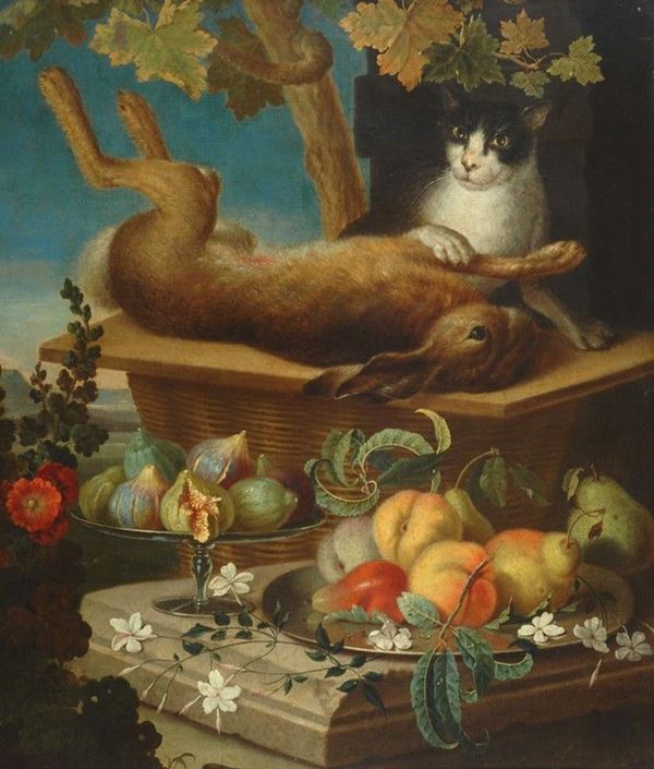 Cerchia di Christian Berentz - Natura morta con lepre, frutta e gatto
