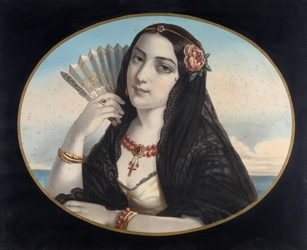 Scuola Francese, XIX sec. : Ritratto di donna con ventaglio  - Tecnica mista su carta - Auction STORART - I - Galleria Pananti Casa d'Aste