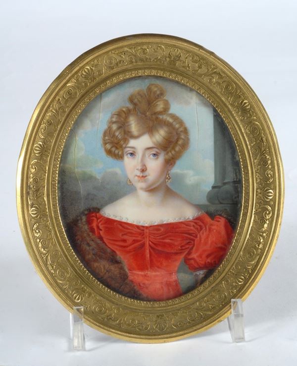 Anonimo, inizi XIX sec. : Ritratto di signora  - Tempera su carta - Auction Antiquariato e Arte orientale - I - Galleria Pananti Casa d'Aste
