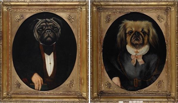 Anonimo, fine XIX sec. - Ritratti di cani in abiti Ottocenteschi