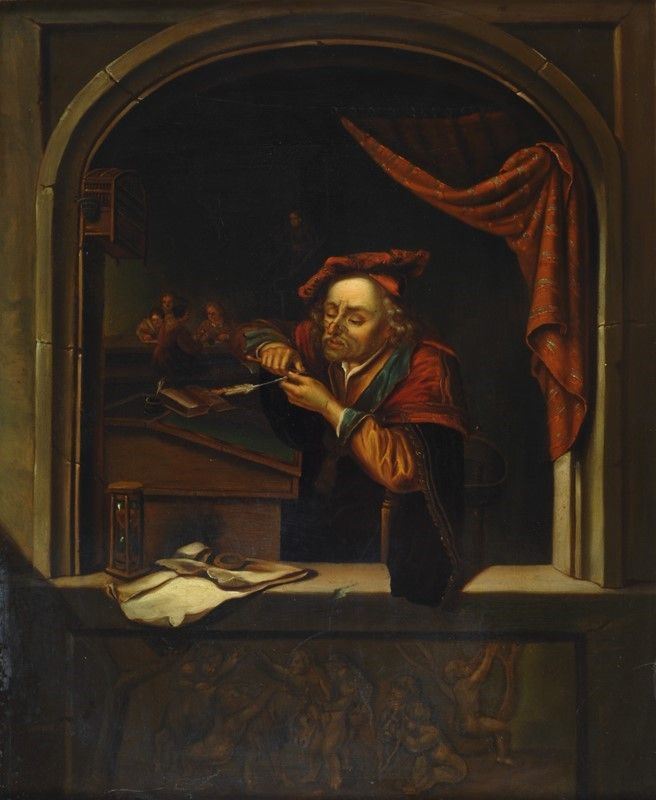 Scuola Olandese, XIX Sec. - Studioso che Affila una Penna (da Gerrit Dou)