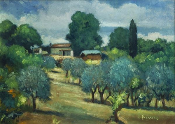 Alfredo Bonciani : Olmo farmhouse  - Oil on the table - Auction AUTHORS OF XIX AND  [..]