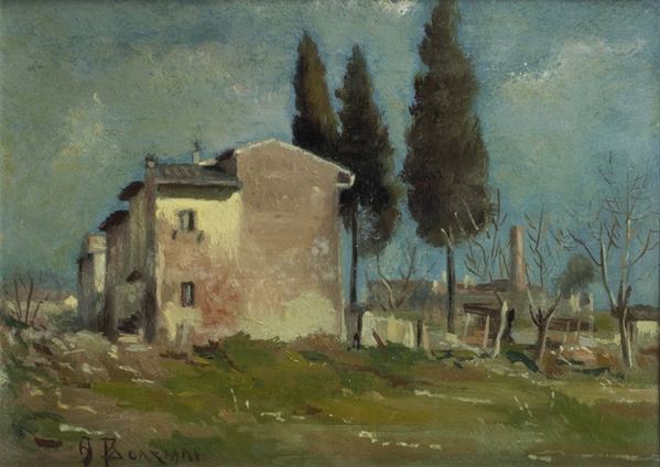 Alfredo Bonciani : Cottage  - Oil on cardboard - Auction AUTHORS OF XIX AND XX CENTURY  [..]
