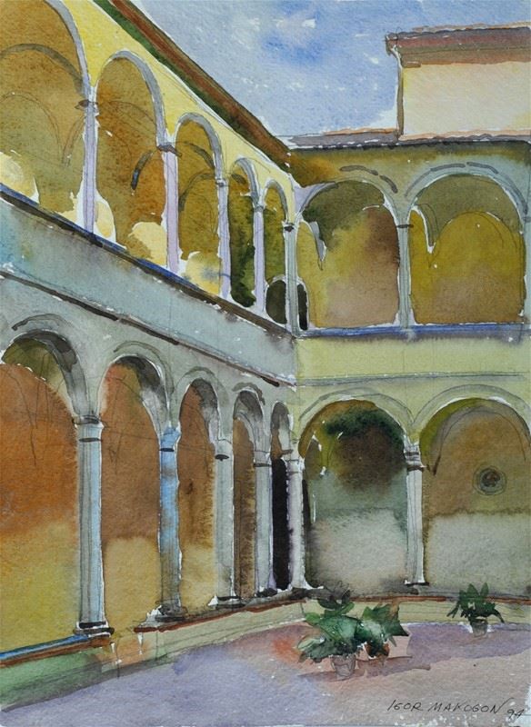 Igor Makogon : Glimpse of the cloister  (1994)  - Watercolor on paper - Auction MODERN ART - Galleria Pananti Casa d'Aste