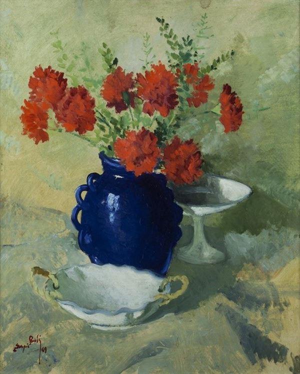 Sergio Bissi Cirno : Vaso con fiori  (1949)  - Olio su cartone - Asta Autori del XIX e XX sec. - II - Galleria Pananti Casa d'Aste