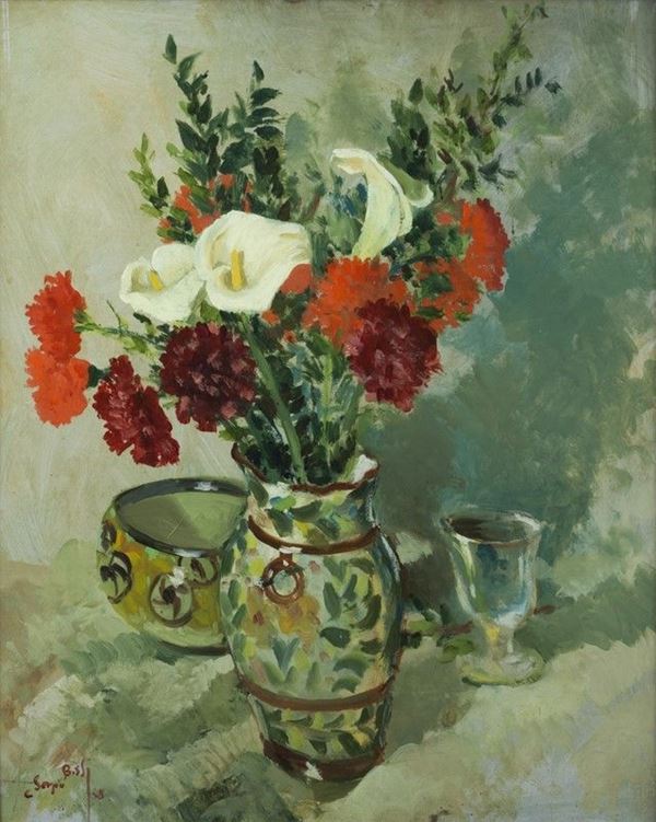 Sergio Bissi Cirno : Vaso con fiori  (1948)  - Olio su cartone - Asta Autori del XIX e XX sec. - II - Galleria Pananti Casa d'Aste