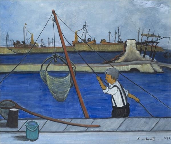 Emilio Malenotti : Pescatore  (1983)  - Olio su faesite - Asta ARTE MODERNA - Galleria Pananti Casa d'Aste