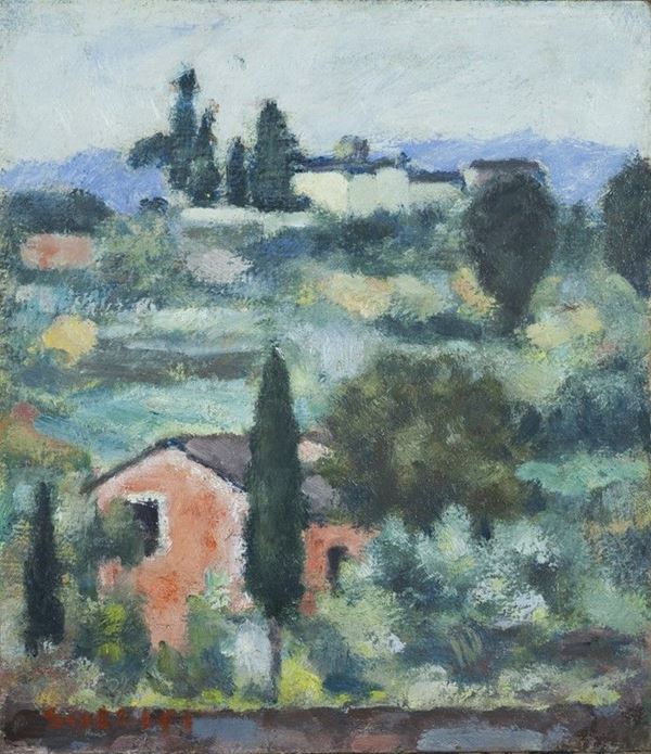 Ardengo Soffici : Paesaggio   (1949)  - Olio su cartone - Asta Arte moderna e contemporanea - III - Galleria Pananti Casa d'Aste
