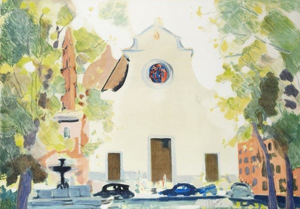 Renato Borsato : Piazza Santo Spirito  - Litografia a colori - Asta GRAFICA ED EDIZIONI - Galleria Pananti Casa d'Aste