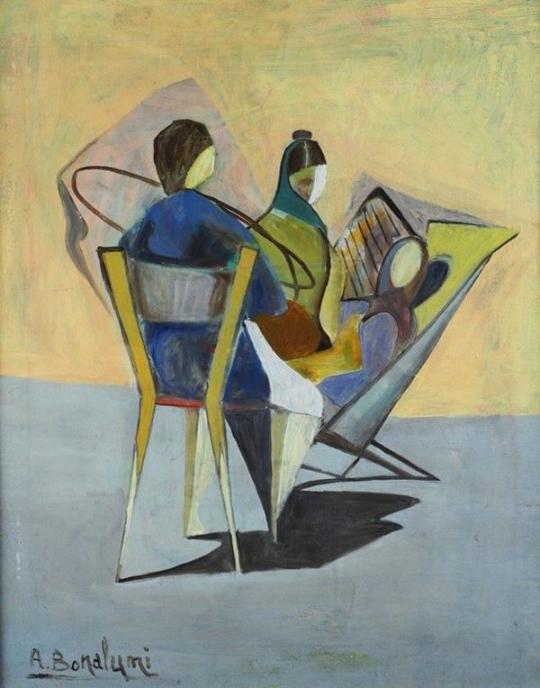 Agostino Bonalumi : Donne di casa  - Olio su tela - Asta Arte moderna e contemporanea - III - Galleria Pananti Casa d'Aste