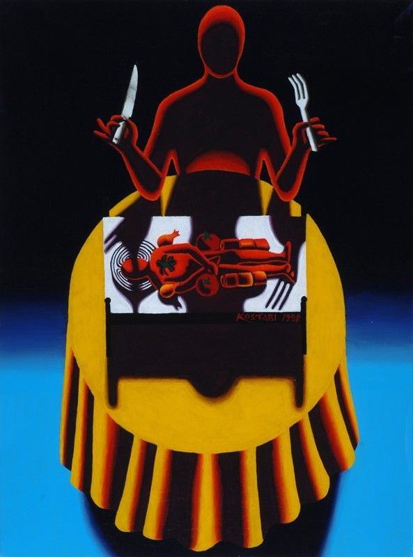Mark Kostabi : Dinner guest  (1998)  - Acrilico su tela - Asta Arte moderna e contemporanea - III - Galleria Pananti Casa d'Aste