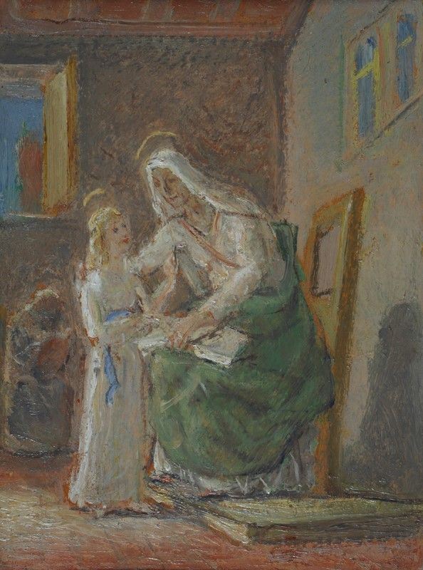 Vanni Rossi : Sant'Anna con Maria bambina  (1958)  - Olio su cartone - Asta Autori del XIX e XX sec. - II - Galleria Pananti Casa d'Aste