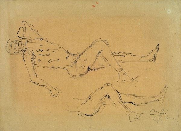 Filippo de Pisis : Studio di nudo  - Inchiostro su carta riportata su tela - Asta Arte moderna e contemporanea - III - Galleria Pananti Casa d'Aste