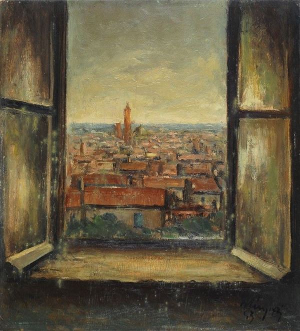 Giovanni Minguzzi : Dalla finestra  (1953)  - Olio su compensato - Asta Autori del XIX e XX sec. - II - Galleria Pananti Casa d'Aste