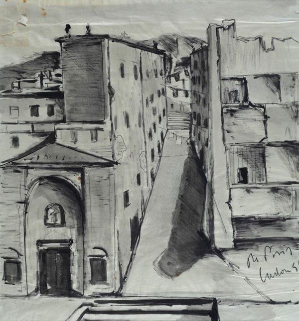 Filippo de Pisis : Paese del Cadore  (1944)  - Tecnica mista su carta - Asta Arte moderna e contemporanea - III - Galleria Pananti Casa d'Aste