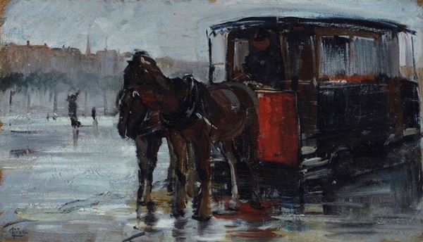 Luigi Gioli : Omnibus in sosta  ((1875-80))  - Olio su tavola - Asta Autori del XIX e XX sec. - II - Galleria Pananti Casa d'Aste