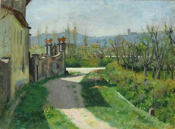 Italo Nunes Vais : Viale con villa  - Olio su legno - Asta ASTA FUORI ASTA - Gioielli, Disegni e dipinti antichi, del XIX sec, del XX sec. e Contemporanei - Galleria Pananti Casa d'Aste