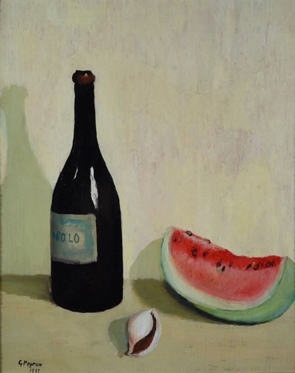 Guido Peyron : Bottiglia con cocomero  (1937)  - Olio su tavola - Asta Arte moderna e contemporanea - III - Galleria Pananti Casa d'Aste