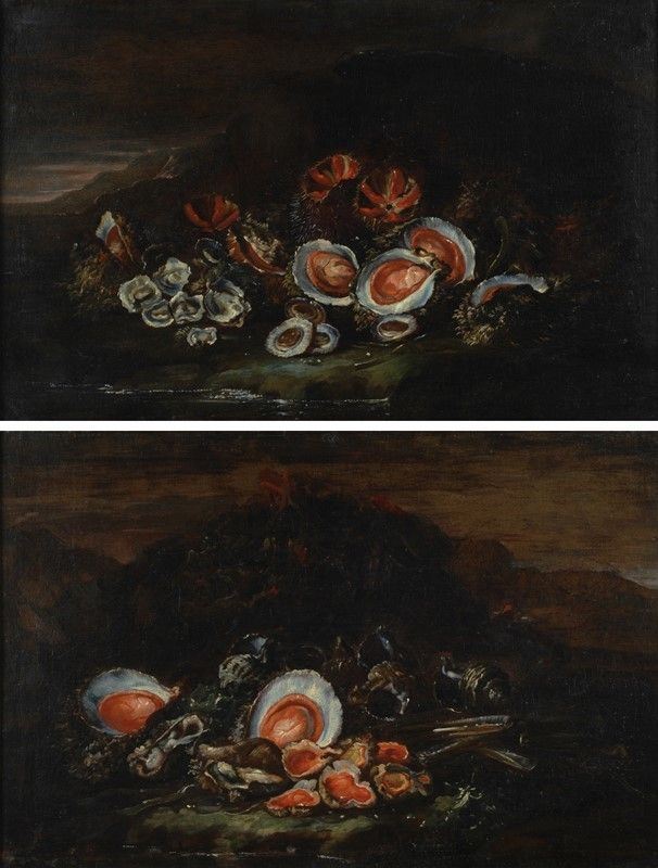 Scuola Napoletana, XVII Sec. - Coppia di Nature Morte con Molluschi