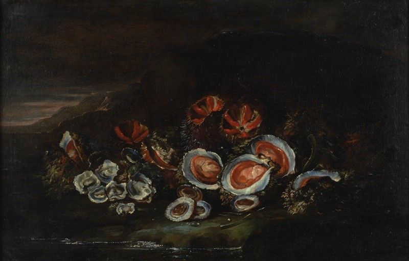 Scuola Napoletana, XVII Sec. - Coppia di Nature Morte con Molluschi