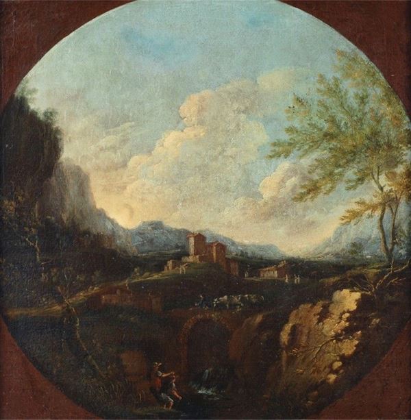 Scuola Romana, XVII sec. : Paesaggio  - Olio su tela - Asta STORART - GIOIELLI, ANTIQUARIATO - I - Galleria Pananti Casa d'Aste