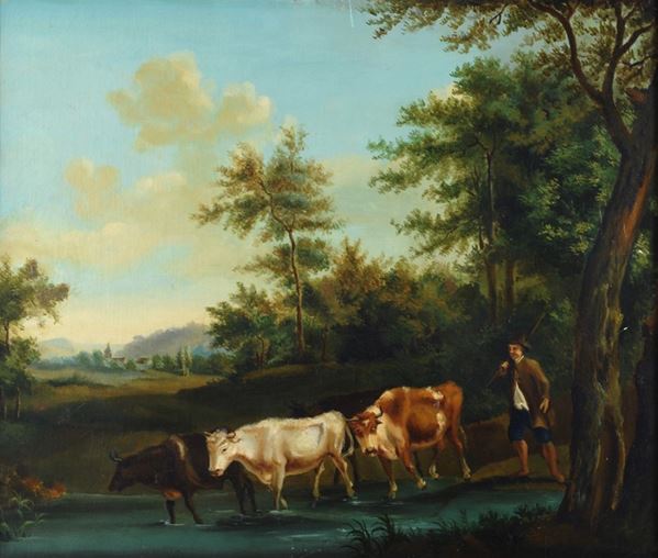 Anonimo, XIX sec. - Paesaggio con figura e armenti