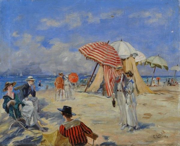 Gennaro Avitabile : Spiaggia con figure  (1919)  - Olio su tela - Asta STORART - AUTORI DEL XIX E XX SEC - III - Galleria Pananti Casa d'Aste