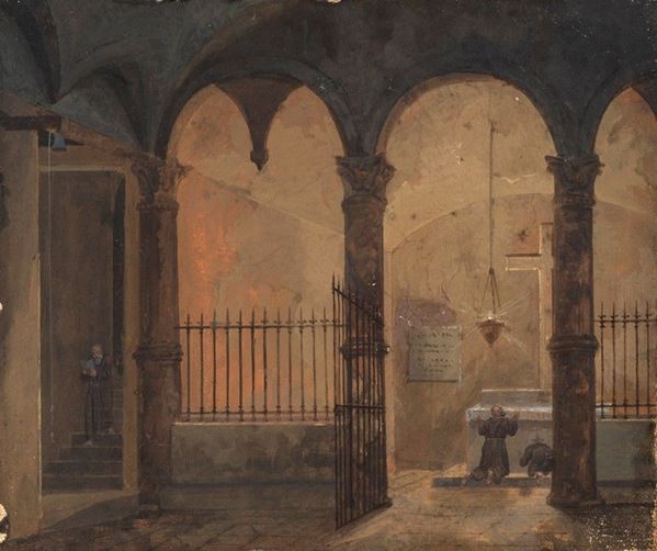 Anonimo, inizi XIX sec. : Interno di chiesa  - Acquerello su carta riportata su tela - Auction STORART - AUTORI DEL XIX E XX SEC - III - Galleria Pananti Casa d'Aste