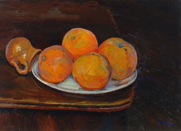 Mario Puccini : Natura morta con arance e caraffa  - Olio su cartone - Asta STORART - AUTORI DEL XIX E XX SEC - III - Galleria Pananti Casa d'Aste